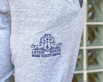 Secret Society Embroidered Boyfriend Joggers | Ninth House | Hell Bent | Bookish Apparel | Leigh Bardugo | Lethe House