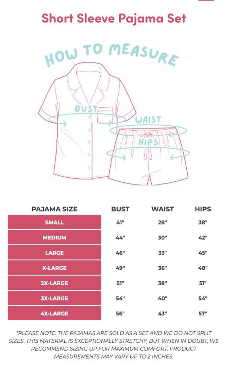 Puede incluir: Diagrama de un conjunto de pijama de manga corta con medidas de busto, cintura y caderas. Las tallas van de peque&ntilde;a a 4X-large, con medidas de busto de 104 cm a 142 cm.