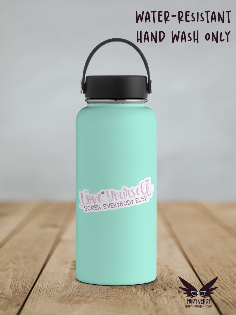 A stack of vinyl die cut sticker with purple text reading, "Love Yourself. Screw Everybody Else." Shown on a teal waterbottle.