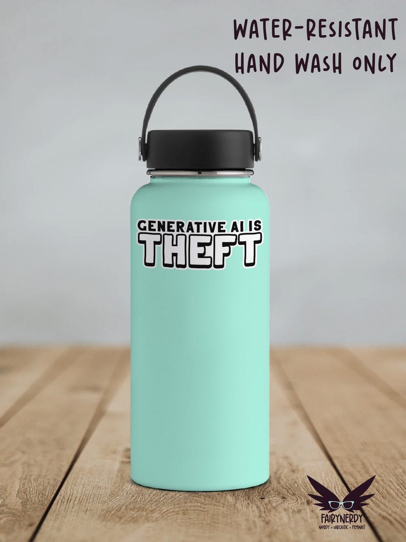 A black and white sticker with blocky text that reads, "Generative AI is theft." Shown on a teal water bottle.