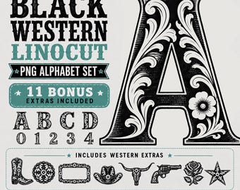Black Western Linocut Alphabet PNG Set, Floral Monogram Letters, Cowboy Scrapbook Clipart, Sublimation Cricut