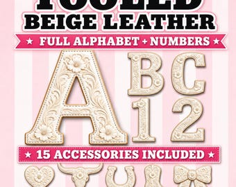 Western Beige Leather Alphabet PNG Bundle, Cream Floral Western Sublimation Letters & Numbers, Canva Ready Alpha
