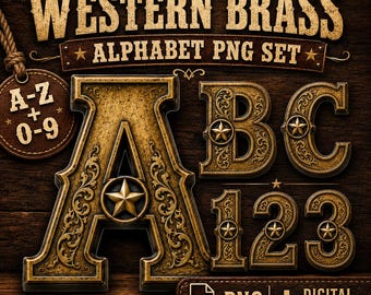 Western Brass Alphabet PNG Set, Cowboy Brass Letters and Numbers, Engraved Western Alpha, Sublimation PNG, Cricut Canva