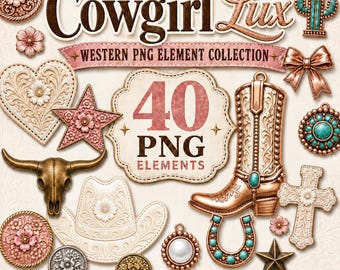 Cowgirl Lux Western PNG Clipart Bundle, Rose Gold Turquoise Cowboy Elements, Tooled Leather Sublimation Designs