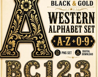 Black And Gold Western Alphabet PNG Set, Elegant Floral Letters And Numbers, Cowboy Monogram Sublimation Alpha Kit