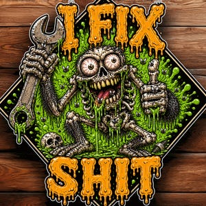 Arreglo mierda PNG Diseño divertido de calavera de mecánico, humor de esqueleto oscuro, arte de obrero, camiseta de mecánico PNG, diseño de taller vanguardista