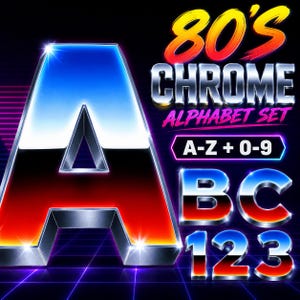 May include: A digital graphic featuring a large, metallic chrome letter A with a blue-to-red gradient finish. The text 80'S CHROME ALPHABET SET, A-Z + 0-9, and the characters BC 123 are displayed in the same reflective chrome style against a dark grid.