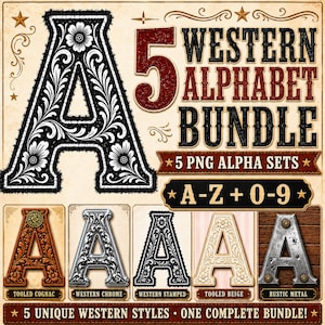 Puede incluir: Un gráfico digital que presenta una letra A grande con volutas florales, titulado 5 Western Alphabet Bundle. Incluye 5 conjuntos alfabéticos PNG, A-Z y 0-9, mostrando los estilos: Tooled Cognac, Western Chrome, Western Stamped, Tooled Beige y Rustic Metal.