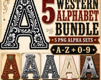 Western Alphabet Bundle PNG Set, 5 Cowboy Letters And Numbers Kits, Rodeo Sublimation Alpha Pack