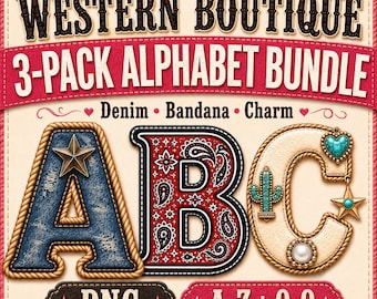 Western Boutique Alphabet Bundle PNG Set, 3 Cowgirl Letter And Number Kits, Denim, Bandana, Charm Sublimation Pack