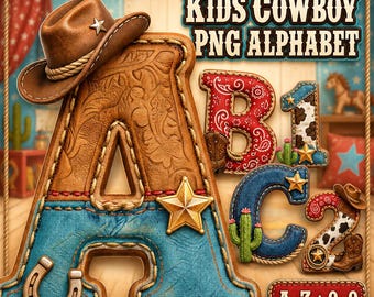 Alfabeto per bambini in stile cowboy in formato PNG, lettere e numeri western patchwork, festa di compleanno a tema cowboy, decorazioni per la cameretta dei bambini e design per magliette.