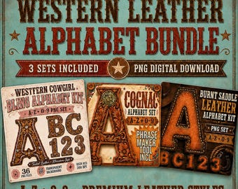 Western Leather Alphabet Bundle PNG Set, 3 Cowboy Letter And Number Kits, Tooled Leather Sublimation Alpha Pack