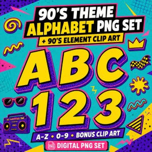 Può includere: Un set grafico digitale con il testo 90'S THEME ALPHABET PNG SET + 90'S ELEMENT CLIP ART, A-Z, 0-9, BONUS CLIP ART e DIGITAL PNG SET. Il design presenta lettere e numeri gialli con ombre viola su uno sfondo color verde acqua.