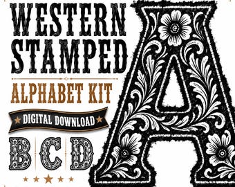 Western Stamped PNG Alphabet Kit, Floral Letter Clipart, Tooled Leather Style Font, Cowboy Digital Download, Phrase Lab Tool