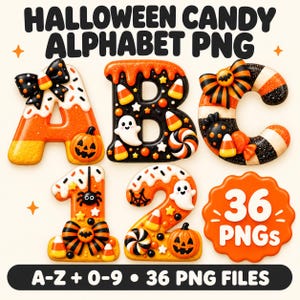 Peut inclure: Un ensemble graphique numérique intitulé HALLOWEEN CANDY ALPHABET PNG présentant les lettres A, B, C et les chiffres 1, 2 décorés de bonbons, citrouilles, fantômes, araignées et nœuds orange, noirs et blancs. Inclut 36 PNGs et A-Z + 0-9.