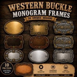 Westerse gesp monogramframes png-set, blanco cowboynaambord clipart, sublimatie en print on demand projecten