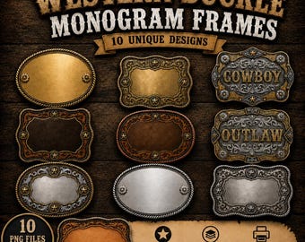 Western Buckle Monogram Frames PNG Set, Blank Cowboy Nameplate Clipart, Sublimation And Print On Demand Projects