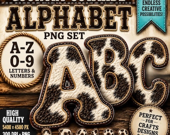 Country Cowhide Alphabet PNG Set, Western Cow Print Letters And Numbers, Farmhouse Sublimation Alpha Kit
