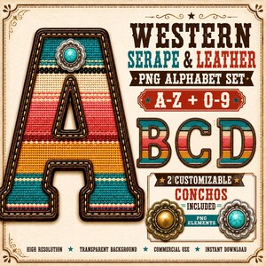 May include: A digital alphabet set featuring letters A through D and numbers 0 through 9 with a western serape and leather texture. The letters have a stitched border and include two decorative concho elements with turquoise and gold accents.