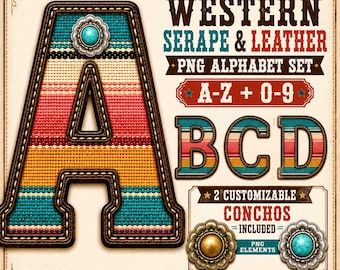 Serape Leather Alphabet PNG Set, Southwest Blanket Letters And Numbers, Concho Sublimation Alpha Kit