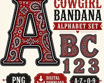 Cowgirl Bandana Alphabet PNG Set, Western Paisley Letters And Numbers, Red Rodeo Sublimation Alpha Kit