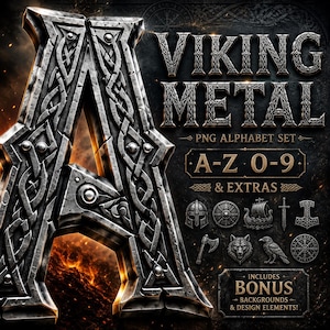 Puede incluir: Una letra A metálica grande con intrincados patrones de nudos de inspiración nórdica. El texto dice VIKING METAL PNG ALPHABET SET A-Z 0-9 & EXTRAS. Incluye iconos adicionales como un casco, escudo, barco vikingo, espada, martillo, hacha, lobo, cuervo y brújula.