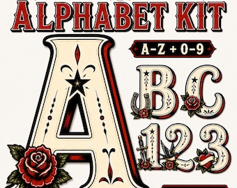 Western Tattoo Alphabet PNG Set, Cowboy Rose Letters And Numbers, Vintage Tattoo Sublimation Alpha Kit