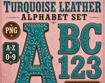 Western Tooled Turquoise Alphabet PNG Set, Cowgirl Leather Letters And Numbers, Rodeo Sublimation Alpha Kit