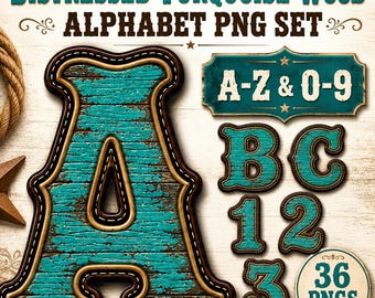 Distressed Turquoise Wood Western Alphabet PNG Set, Rustic Country Letters and Numbers