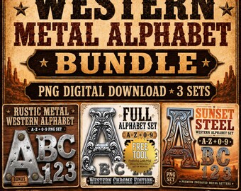 Western Metal Alphabet Bundle PNG, 3 Set Cowgirl & Cowboy Letters A-Z 0-9, Chrome Clipart, Sublimation Canva Ready