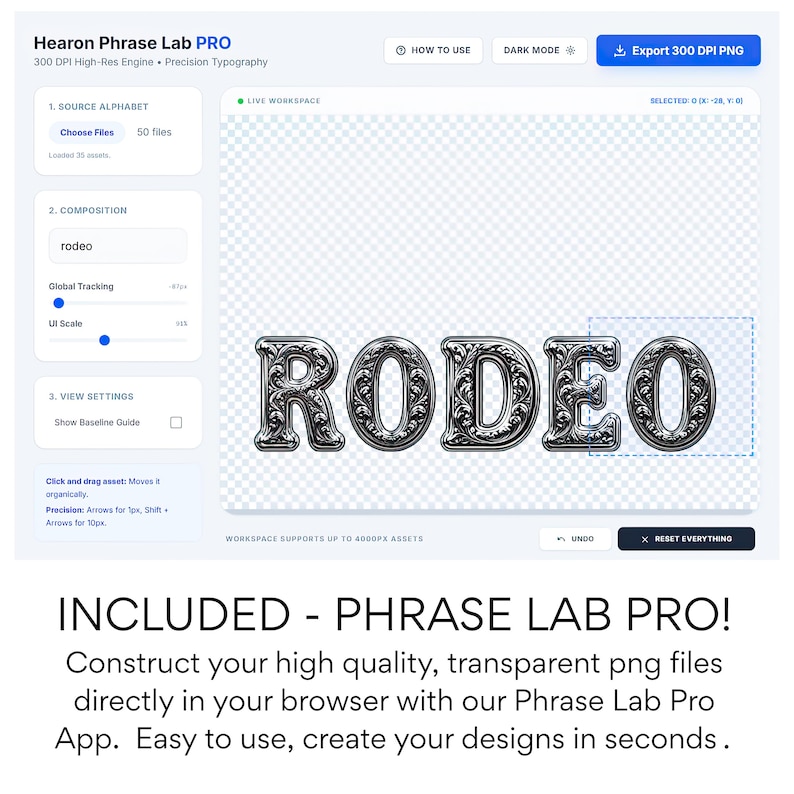May include: A digital interface for Hearon Phrase Lab PRO, featuring options for typography and design. The word "RODEO" is displayed in a decorative, silver font. The interface includes options for file selection, composition, and view settings. Text at the bottom reads "INCLUDED - PHRASE LAB PRO!"