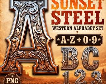 Sunset Steel Western Alphabet PNG Set, Engraved Metal Letters And Numbers, Cowboy Rodeo Sublimation Alpha Kit