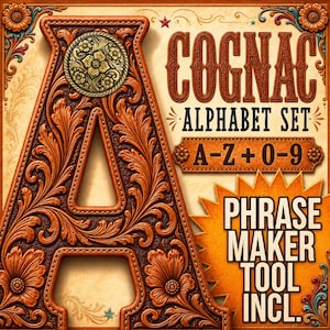 May include: Cognac alphabet set with the letter "A" in a detailed, embossed leather design. The image includes the text "Cognac Alphabet Set A-Z + 0-9" and "Phrase Maker Tool Incl.". The design features floral and scrollwork patterns with a decorative border.