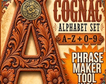 Cognac Tooled Leather Alphabet PNG Set, Western Floral Letter Clipart, Rustic Cowboy Monogram Font, A-Z 0-9 + Phrase Maker Tool