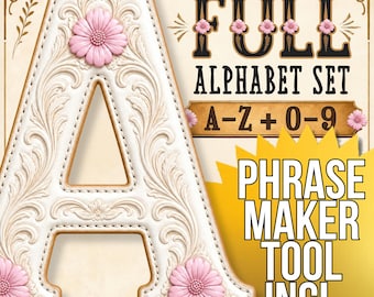 White Tooled Leather Alphabet PNG Set, Pink Floral Western Letters, Painted Flower Alpha Clipart, A-Z Numbers Phrase Maker Tool