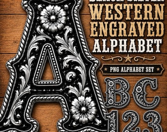 Black and Silver Western Alphabet PNG Set, Engraved Floral Letters and Numbers, Cowboy Sublimation Clipart
