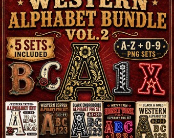 Western Alphabet Bundle Vol 2 PNG Set, Tattoo Copper Honky Tonk Letters, Cowboy Sublimation Alpha Pack