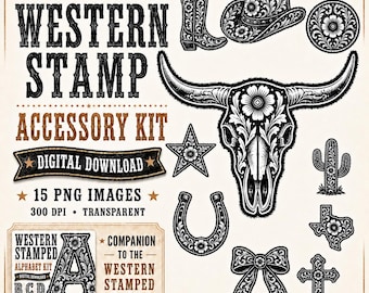 Western Stamped Accessory Kit PNG, Longhorn Skull Cowboy Hat Boot Clipart, Sublimation And Laser Engraving Designs