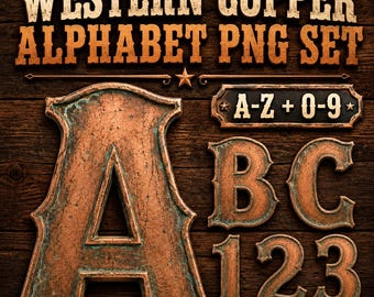 Western Copper Alphabet PNG Set, Rustic Metal Letters And Numbers, Patina Cowboy Sublimation Alpha Kit