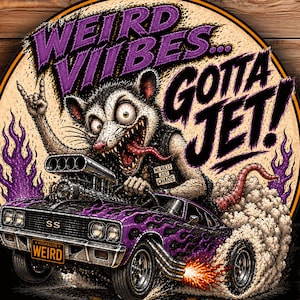 May include: A circular sign with the text "WEIRD VIBES... GOTTA JET!" features a cartoon possum driving a purple car with flames. The possum has a long tongue and is wearing a vest with the text "NO RULES JUST CHAOS".