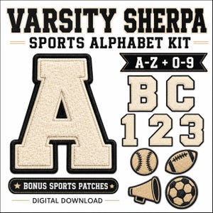 Varsity Sherpa Sports Alphabet PNG Set, Chenille Letters And Numbers, Athletic Sublimation Alpha Kit With Patches