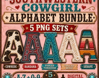 Southwestern Cowgirl Alphabet Bundle PNG, Cowhide Bandana Serape Letters, Western Boutique Alpha Sets