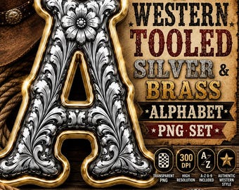 Western Tooled Silver & Brass Alphabet PNG Set, Engraved Metal Cowboy Letters, Western Sublimation Alpha Kit