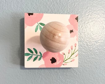 Printed Wood Tile Wall Hook- Simple Pink Floral Clusters