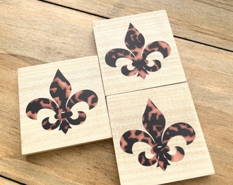 Solid Wood Magnets Natural Animal Print Fleur de Lis Set of 3