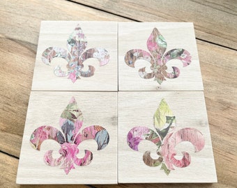 Solid Wood Magnet Natural/Floral Print Fleur de Lis Set of 4