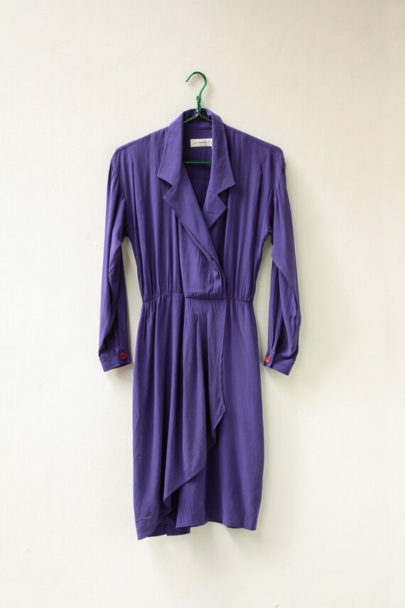 80s 90s Petite Small Purple Silk Dress / Long Slee