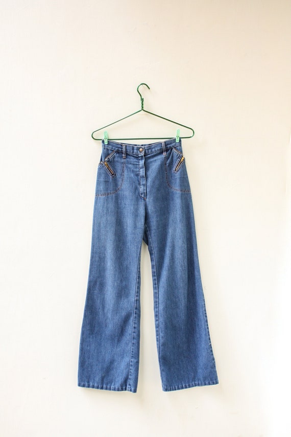 25" Waist 1970s Denim Bellbottoms / Rare 70s High