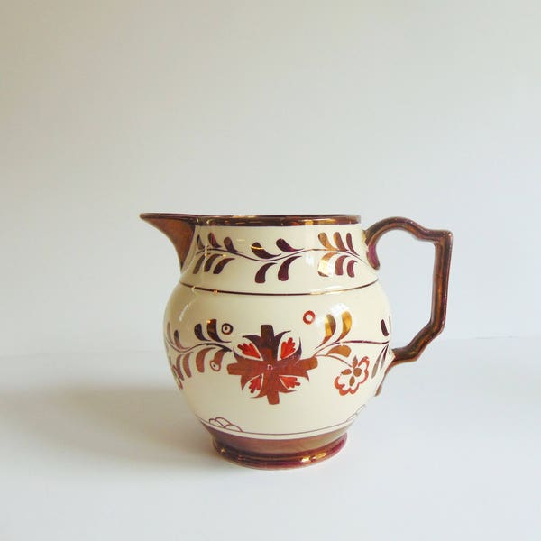 Stoke on Trent England Pitcher England Gothic Vintage Large Creamer Small Jug Copper Lustre Gray's Pottery hand Painted