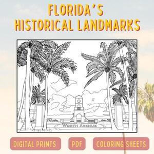 Puede incluir: Ilustración en blanco y negro de línea de una torre del reloj con palmeras a cada lado. La torre del reloj tiene un letrero que dice "Worth Avenue".